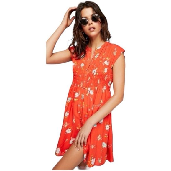 Free People Dress Womens M Greatest Day Smocked Button Down Orange Floral Mini - Picture 1 of 13
